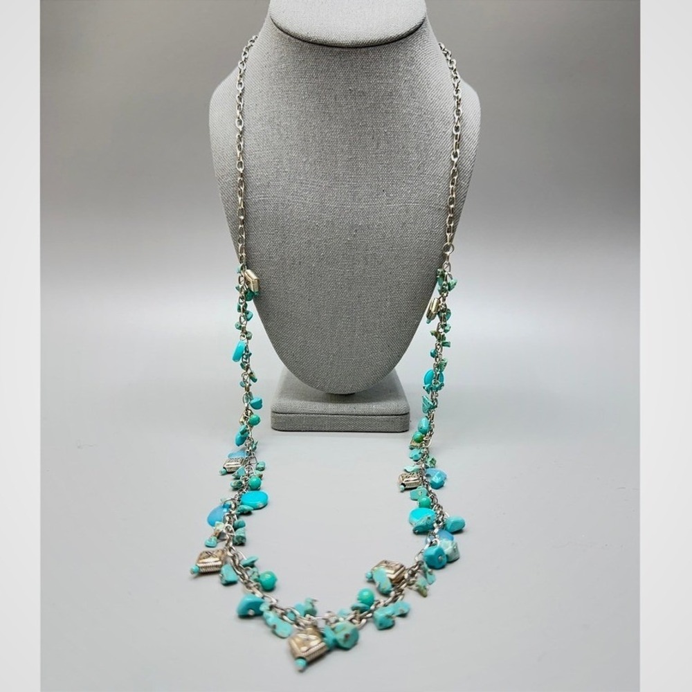 Silver Tone Blue Bead Charm Necklace 36" Long Opera Dangles Southwestern Western